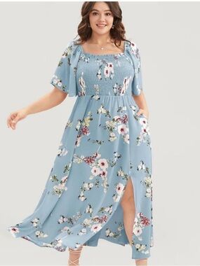 BloomChic Sky Blue Floral Maxi Dress with Square Neck